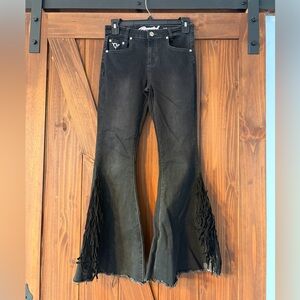 Kids Black Flared Jeans with Fringe